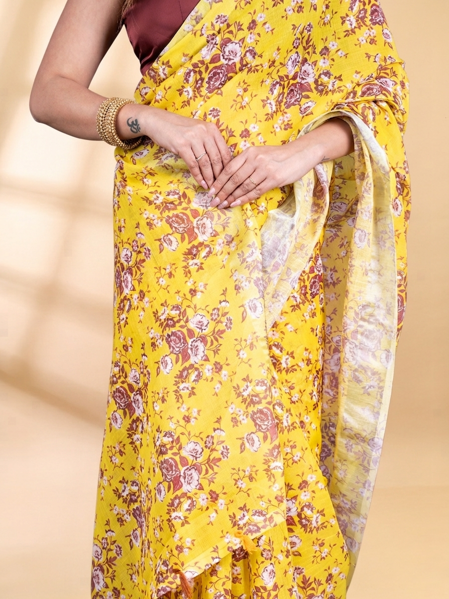 Mustard Yellow Linen Cotton Tissue Saree