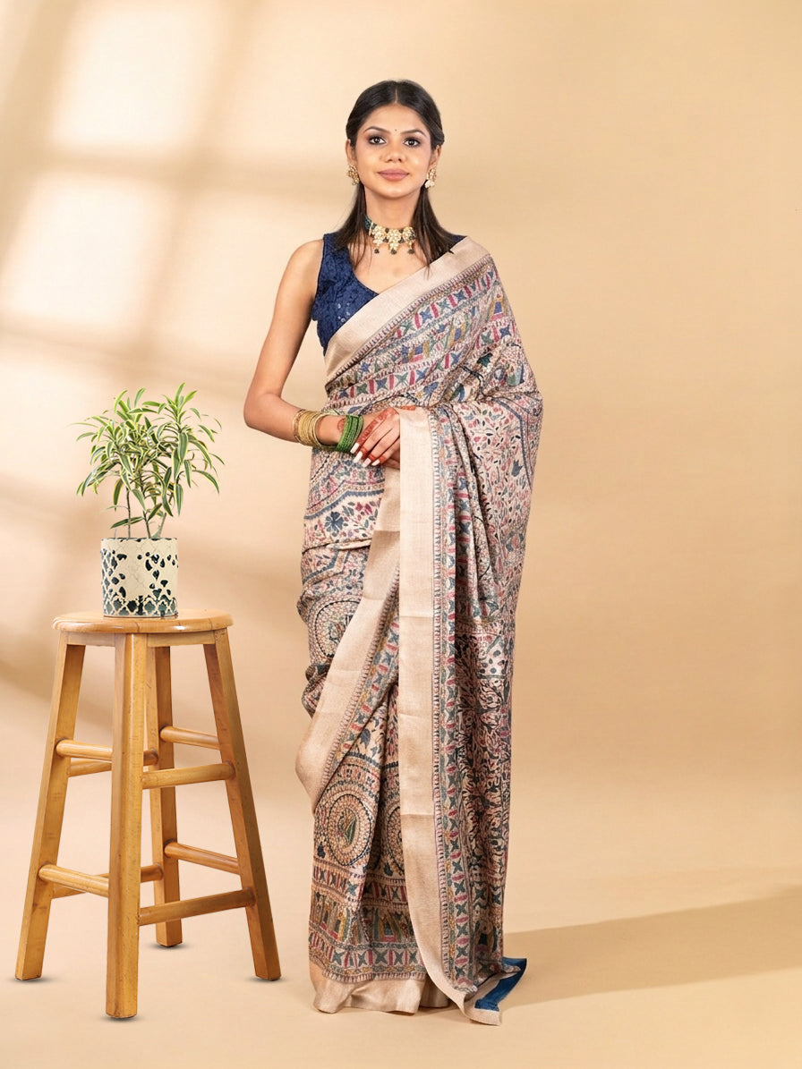Beige & Blue Matka Silk Saree