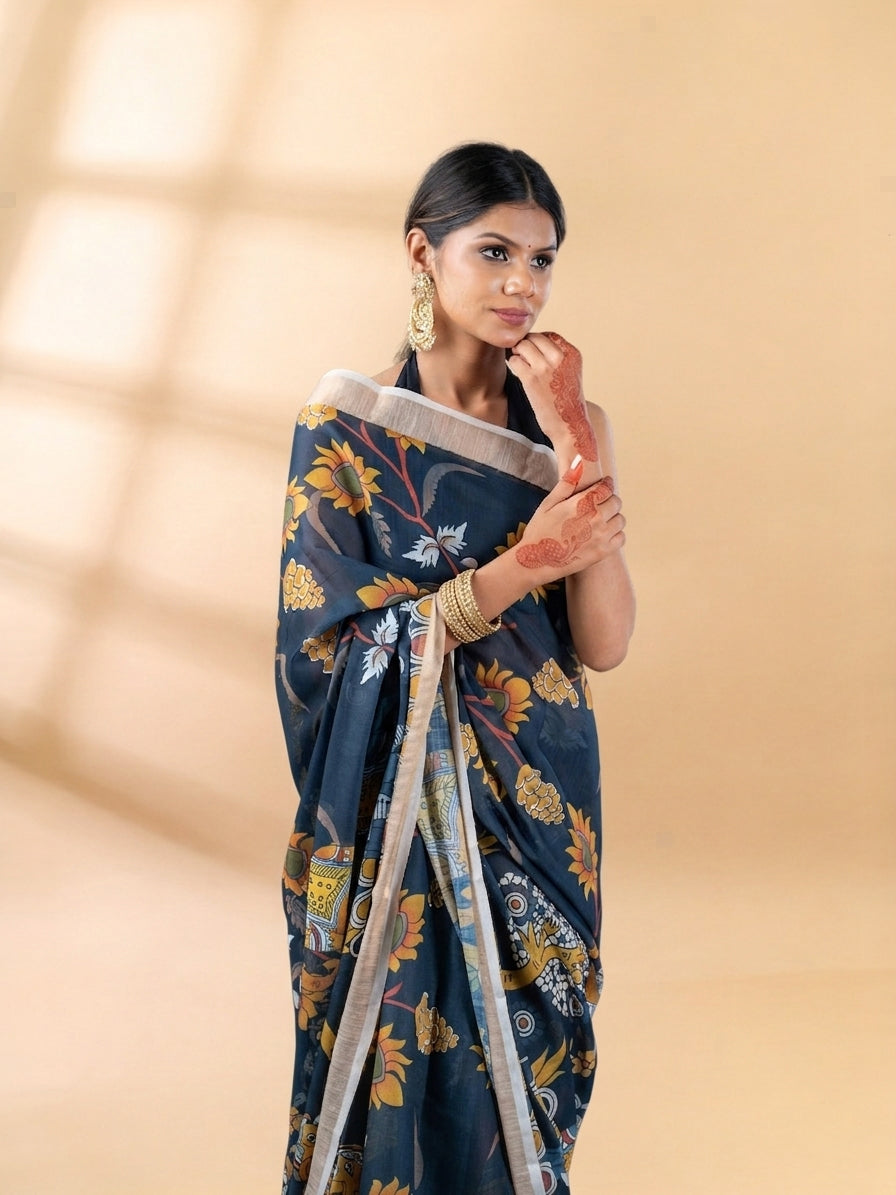Black Linen Cotton Floral Printed Saree