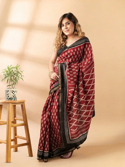Maroon and Black Maheshwari Silk Saree