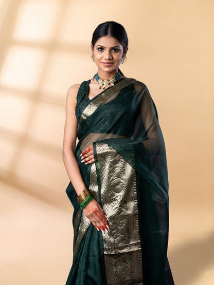 Dark Green Banarasi Organza Saree