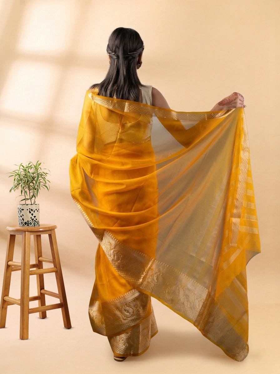 Mustard Yellow Banarasi Organza Saree