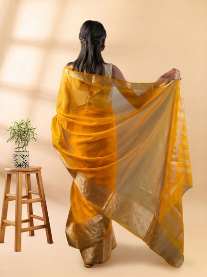 Mustard Yellow Banarasi Organza Saree