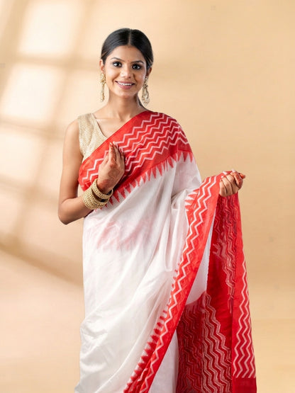 White and Red Chanderi Cotton Saree