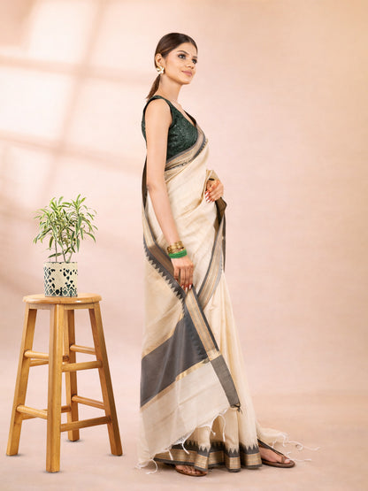 Beige and Black Chanderi Cotton Saree