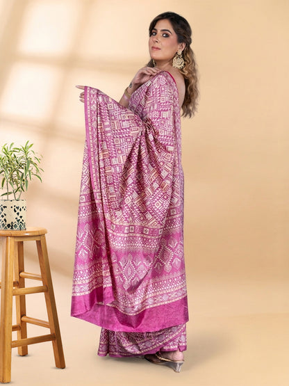 Onion Pink Semi-Crepe Printed Saree