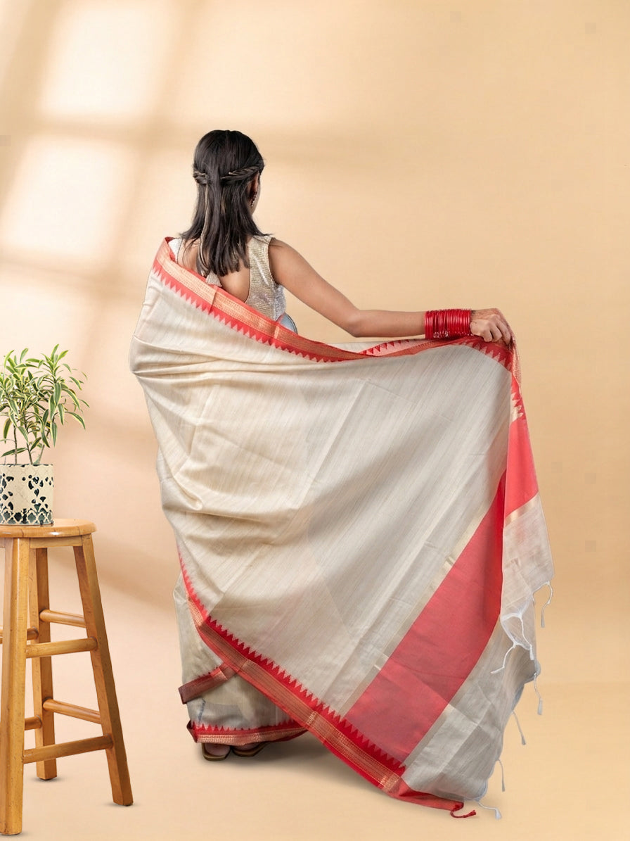 Beige Chanderi Cotton Tussar Saree