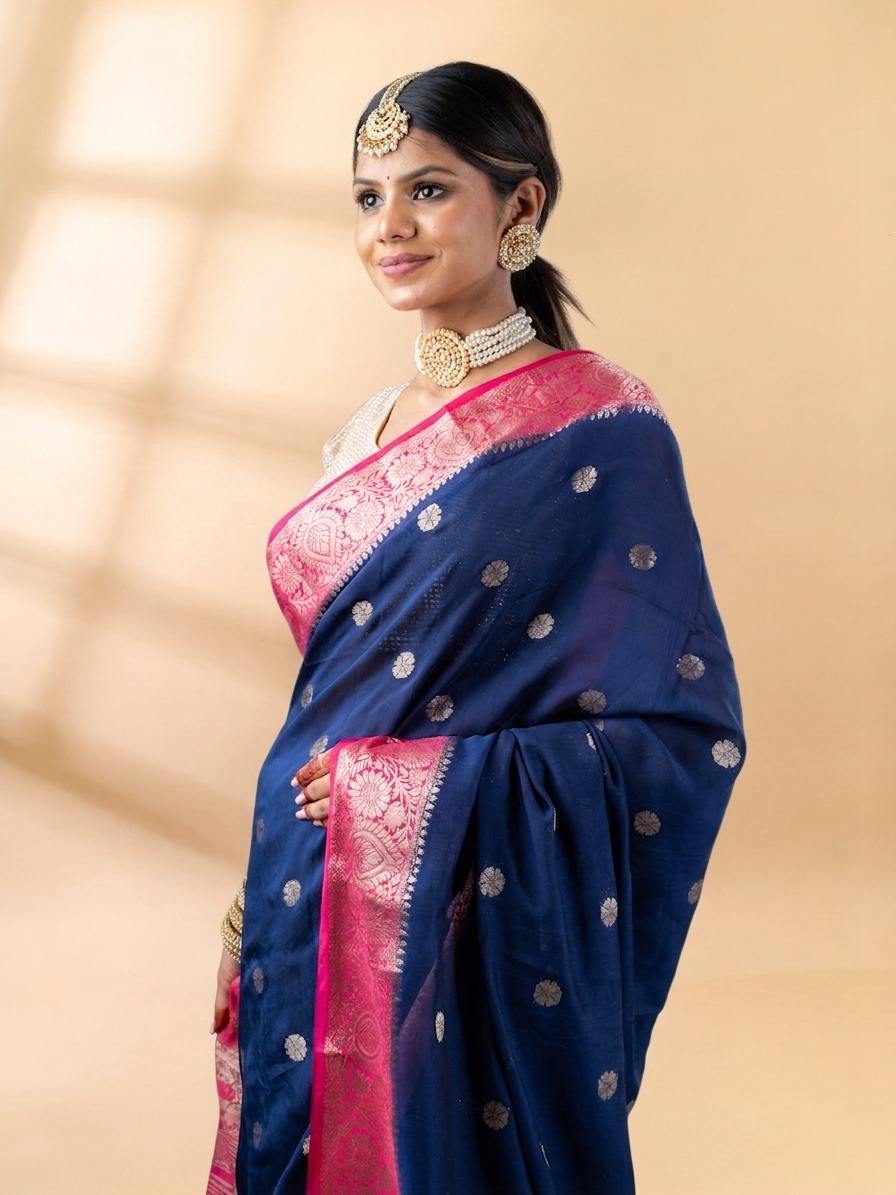 Blue and Pink Assam Silk Saree