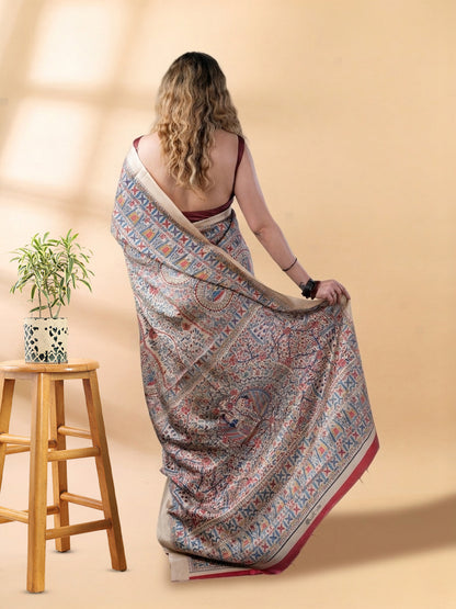 Beige and Red Matka Silk Saree
