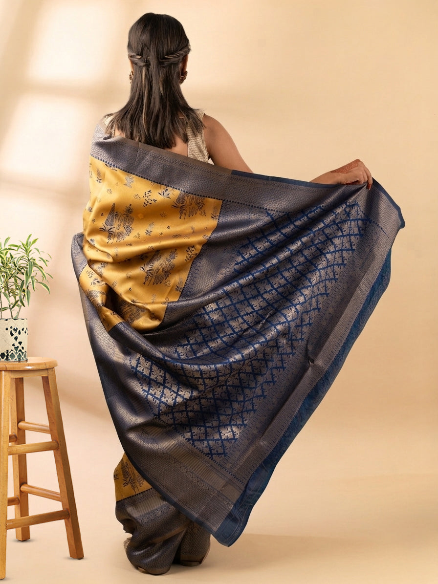 Mustard and Blue Semi-Silk Saree