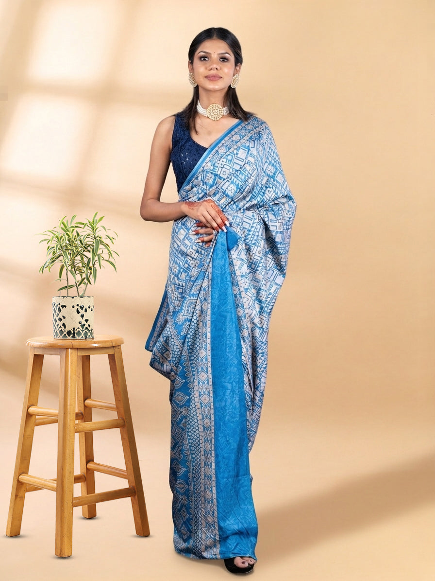 Blue Semi-Crepe Printed Saree