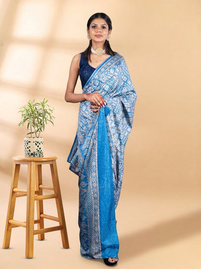 Blue Semi-Crepe Printed Saree