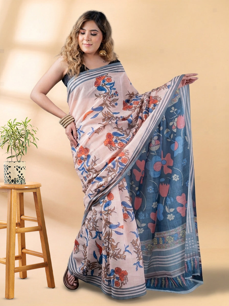 Peach Linen Cotton Printed Saree