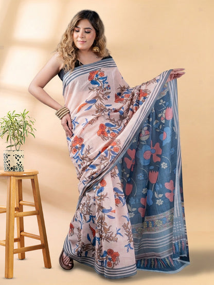 Peach Linen Cotton Printed Saree