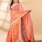 Peach Chanderi Cotton Saree with Check Design and Tissue Border