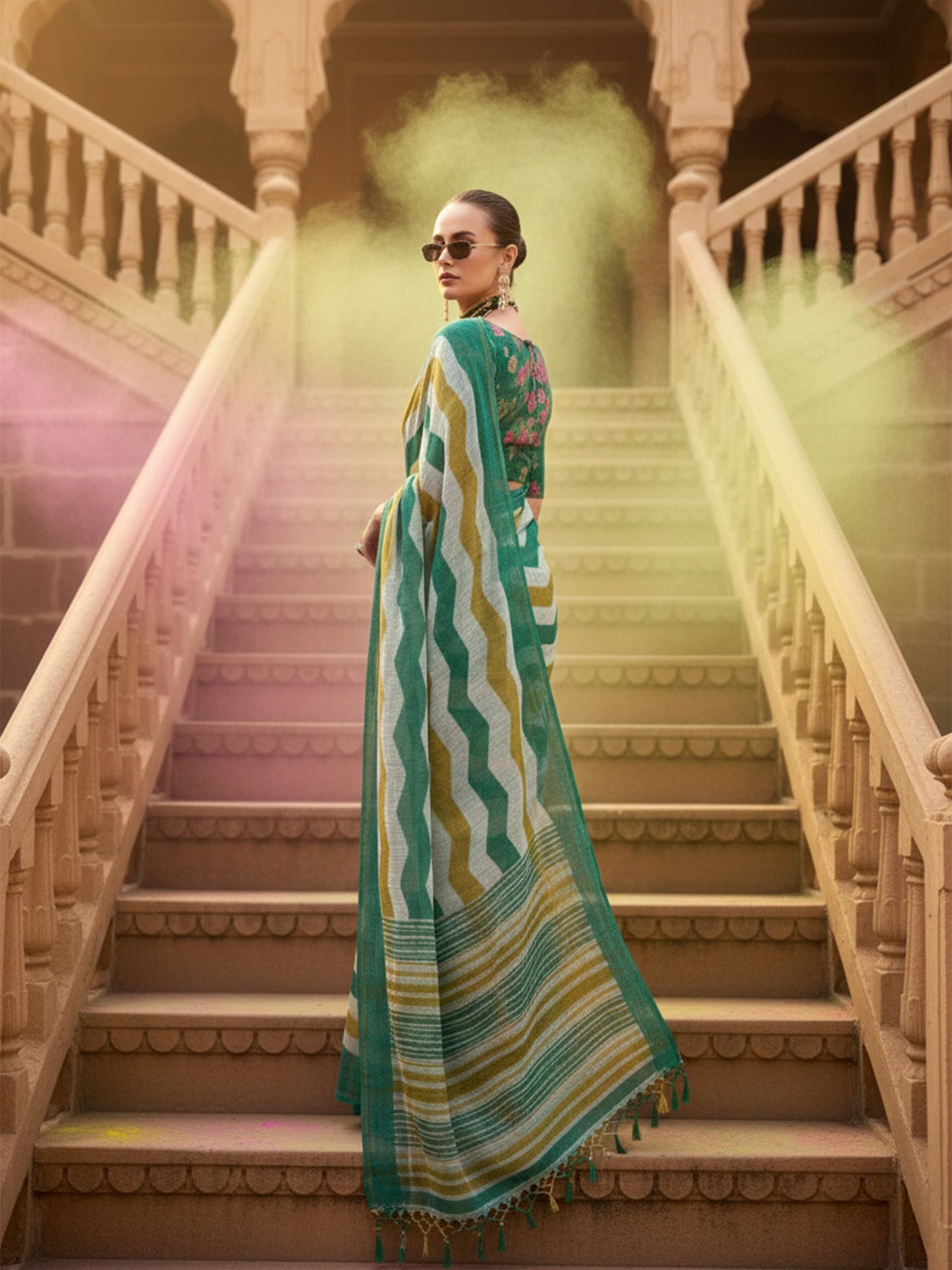 Green & Yellow Cotton Linen Printed Saree