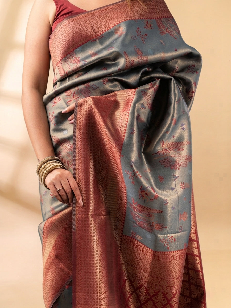 Grey and Maroon Semi-Silk Saree