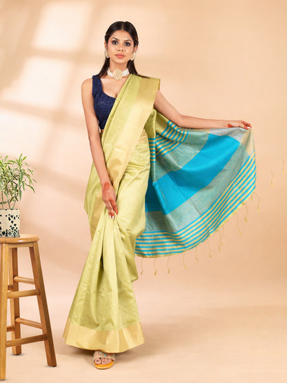 Mint Green Semi-Raw Silk Saree