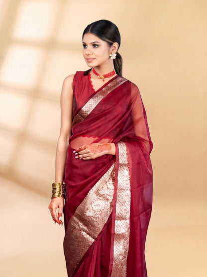 Maroon Banarasi Organza Saree