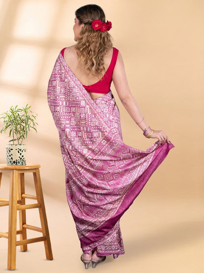 Onion Pink Semi-Crepe Printed Saree