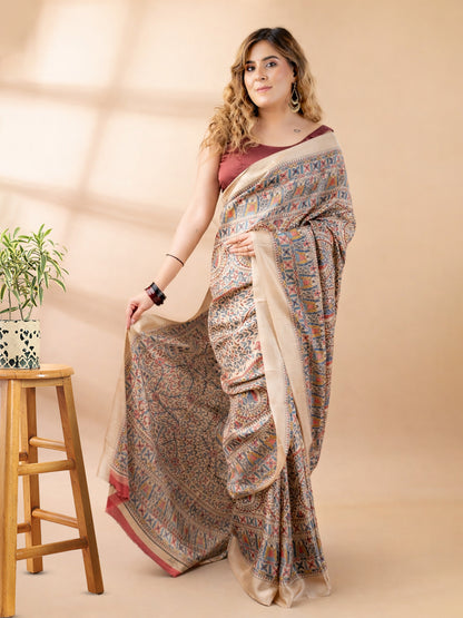 Beige and Red Matka Silk Saree