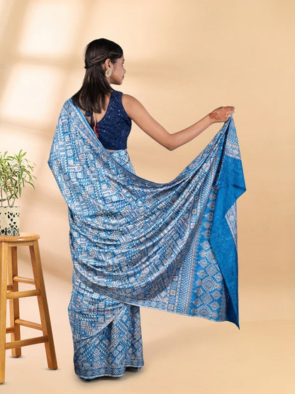 Blue Semi-Crepe Printed Saree