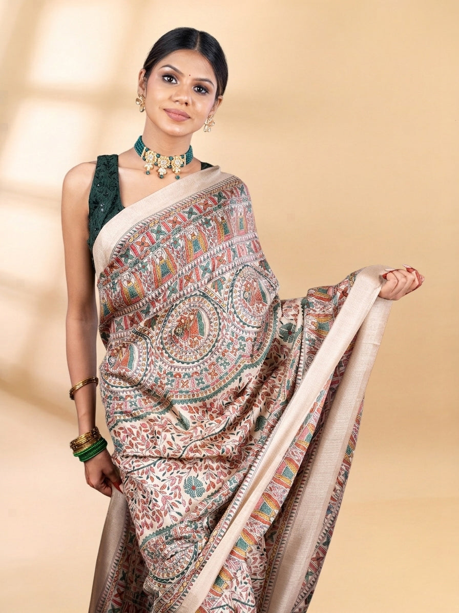 Green and Beige Matka Silk Madhubani Saree