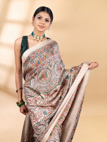 Green and Beige Matka Silk Madhubani Saree