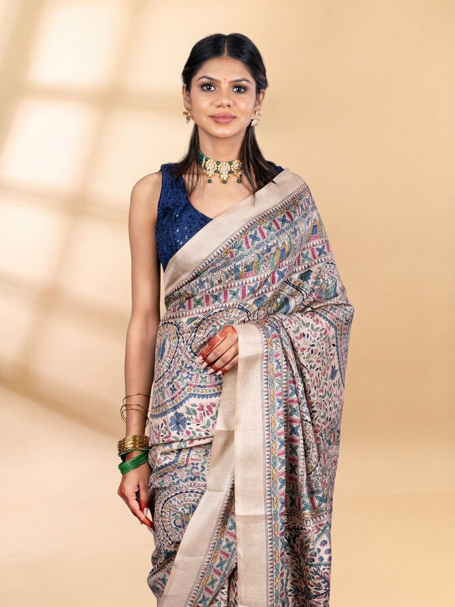 Beige & Blue Matka Silk Saree