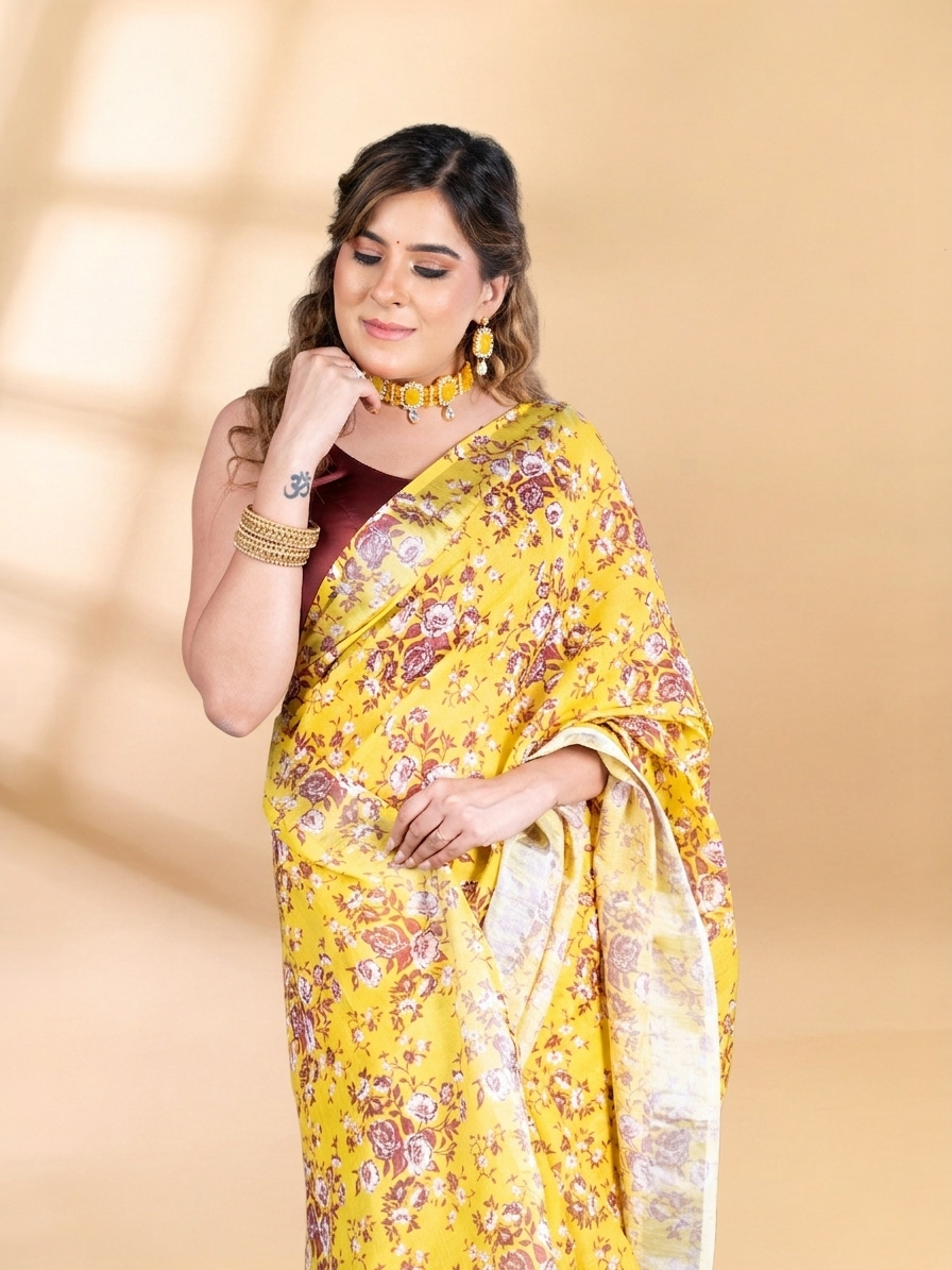 Mustard Yellow Linen Cotton Tissue Saree