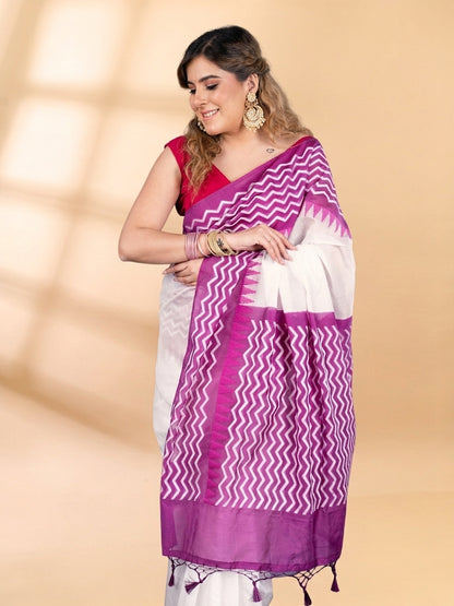 White and Purple Chanderi Cotton Saree