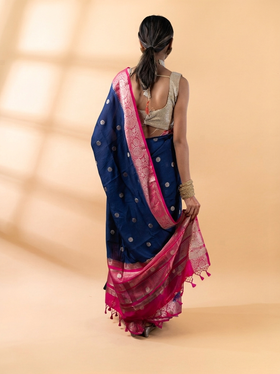 Blue and Pink Assam Silk Saree