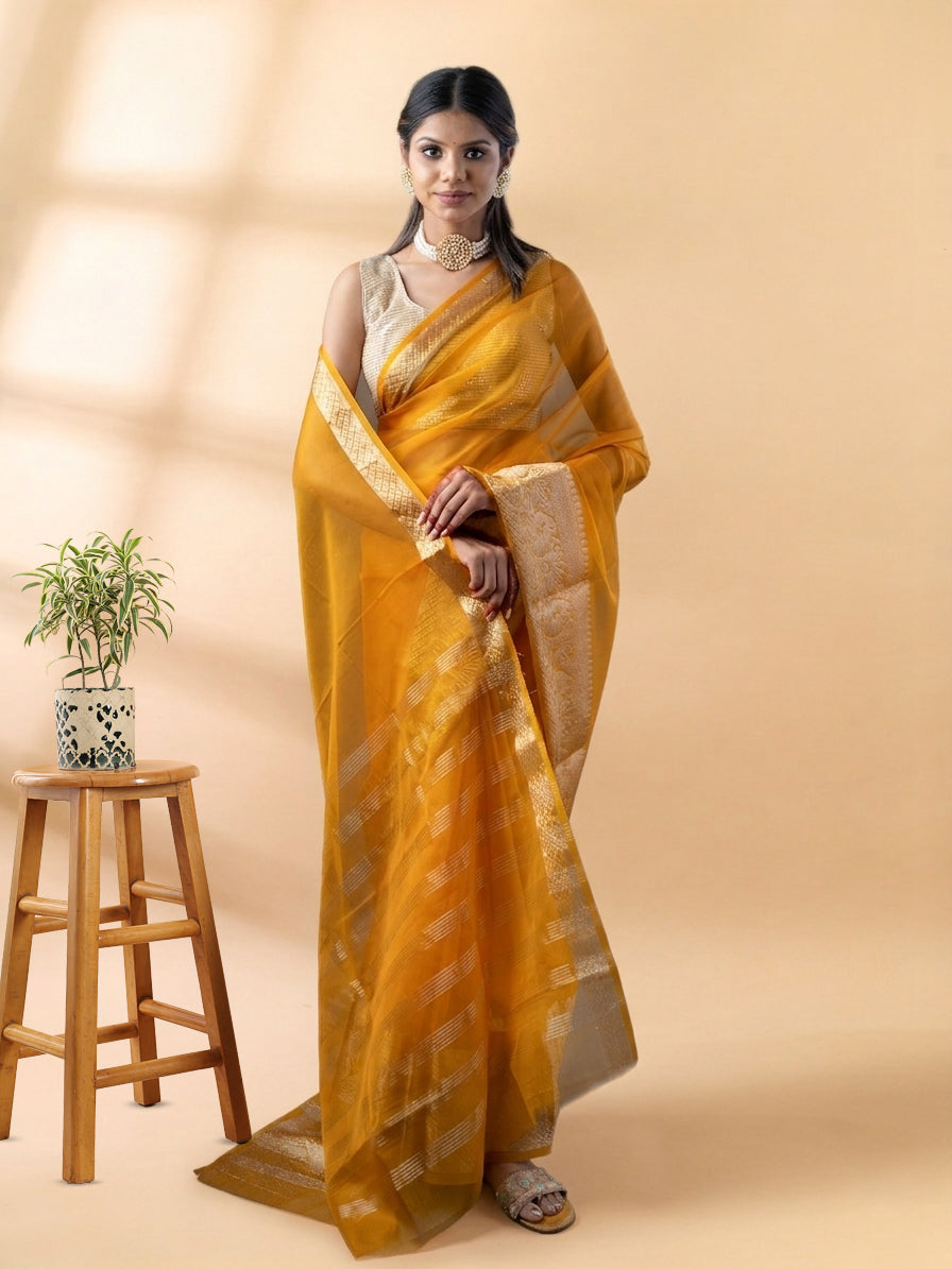 Mustard Yellow Banarasi Organza Saree