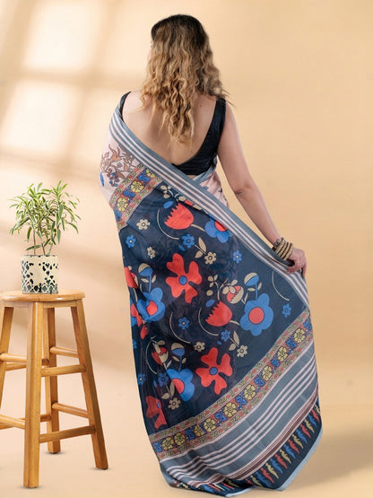 Peach Linen Cotton Printed Saree