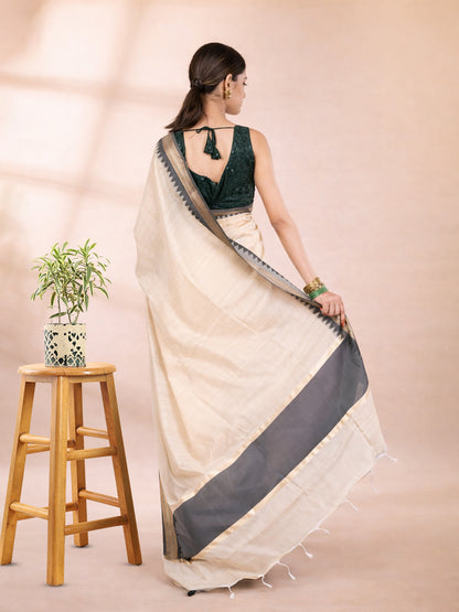 Beige and Black Chanderi Cotton Saree