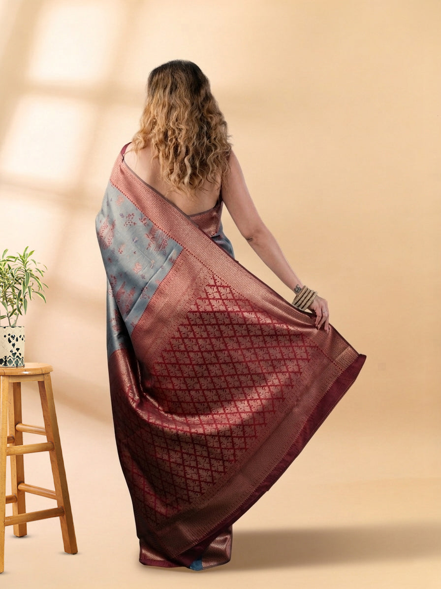 Grey and Maroon Semi-Silk Saree