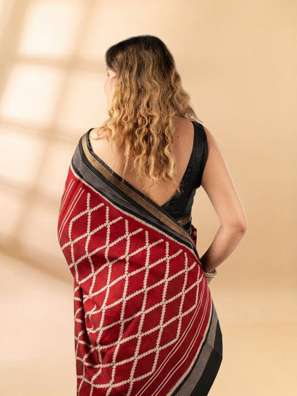 Maroon and Black Maheshwari Silk Saree