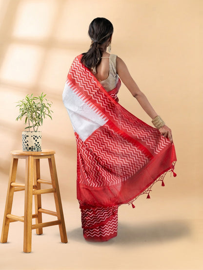 White and Red Chanderi Cotton Saree