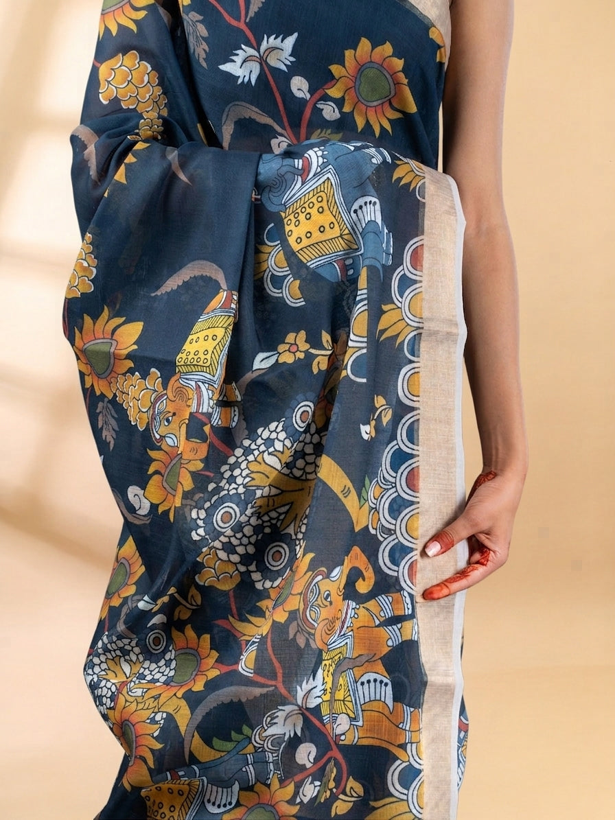 Black Linen Cotton Floral Printed Saree