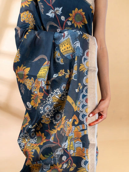 Black Linen Cotton Floral Printed Saree