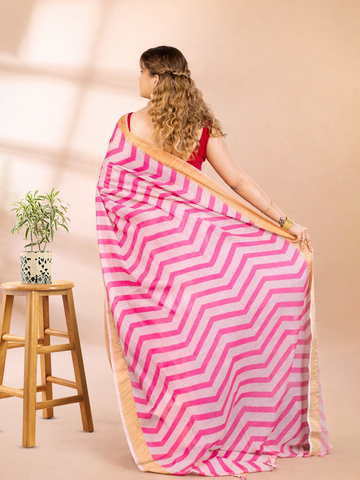 Pink Linen Cotton Tissue Saree