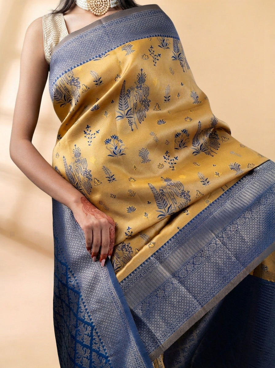 Mustard and Blue Semi-Silk Saree