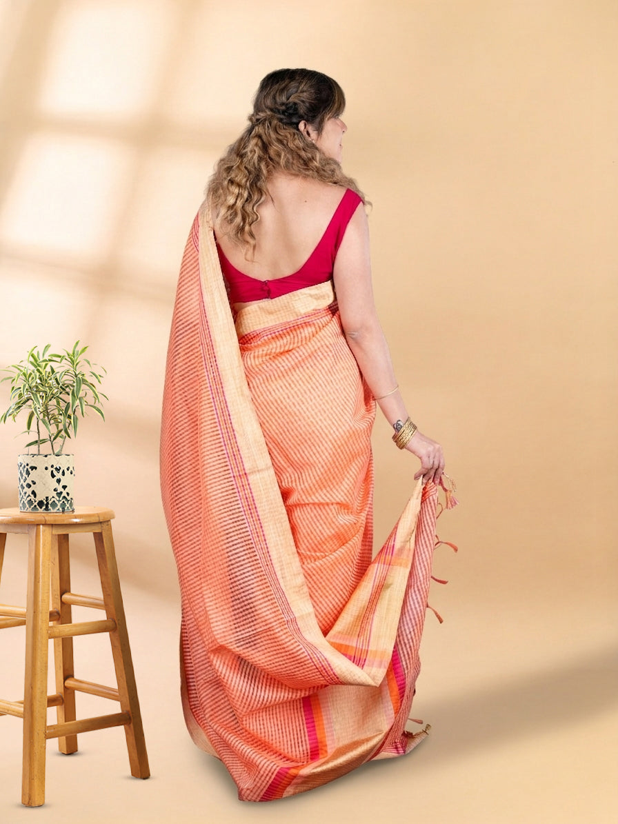 Peach Chanderi Cotton Saree with Check Design and Tissue Border