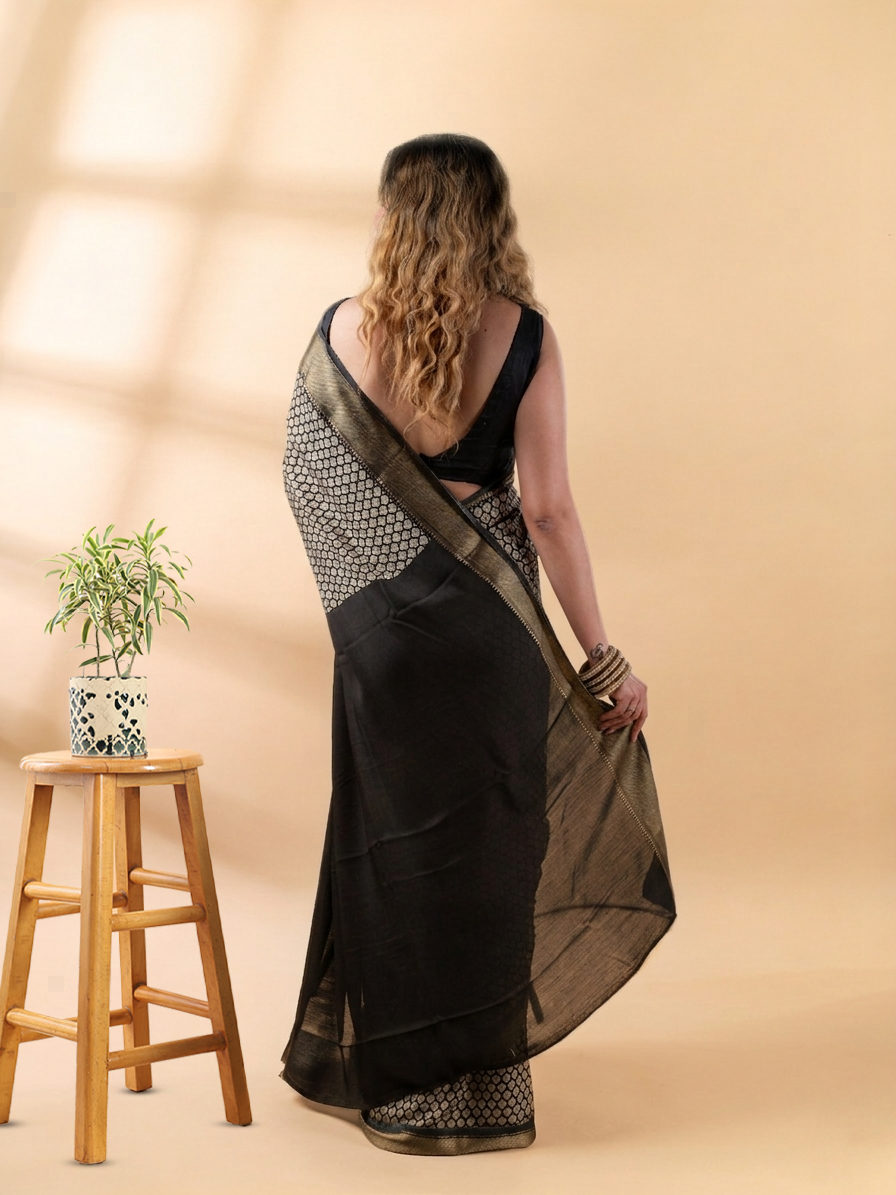 Black Block Print Assam Silk Saree
