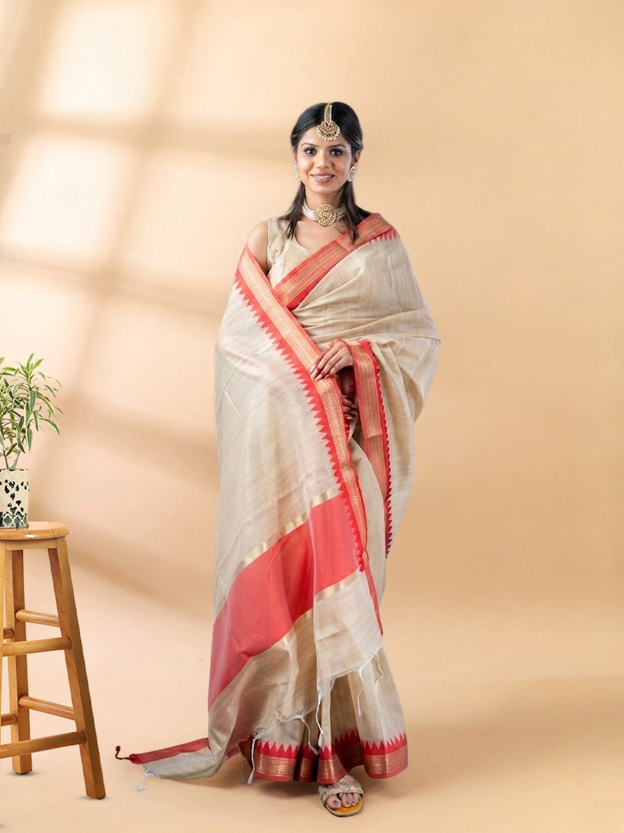 Beige Chanderi Cotton Tussar Saree