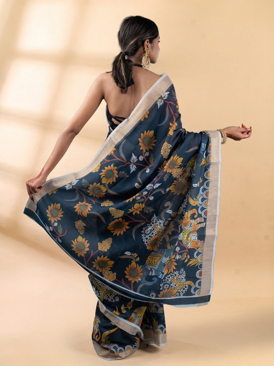 Black Linen Cotton Floral Printed Saree