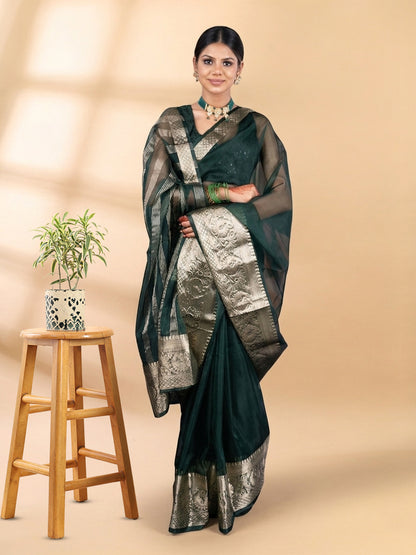 Dark Green Banarasi Organza Saree