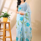Tropical Tranquility- Sky Blue Hand-Painted Organza Saree