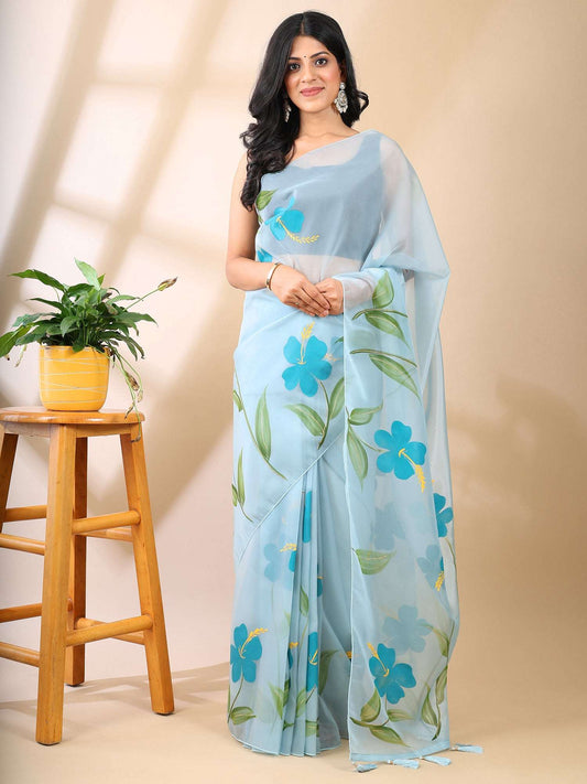 Tropical Tranquility- Sky Blue Hand-Painted Organza Saree
