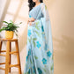 Tropical Tranquility- Sky Blue Hand-Painted Organza Saree